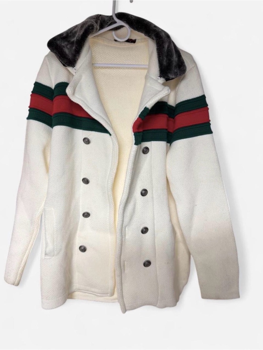 Lagos Men’s Premium Double-Breasted Heavy Knit Jacket W/ Green & Red Stripes